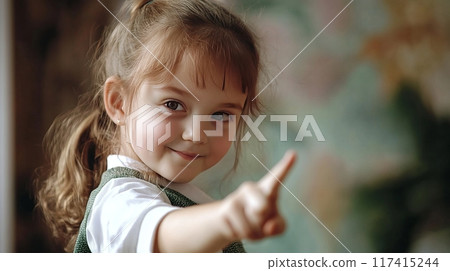 Portrait of a Smiling Girl Pointing Forward. Portrait of a Smiling Girl Pointing Forward. 117415244