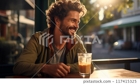 Smiling man enjoying a drink at an outdoor cafe in the afternoon sun. Smiling man enjoying a drink at an outdoor cafe in the afternoon sun. 117415325
