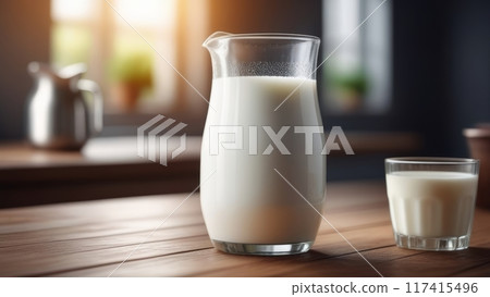 Glass pitcher and cup filled with milk on wooden table. 117415496