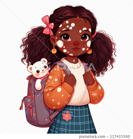 A brunette schoolgirl with vitiligo, with a backpack, isolated on white background 117415500
