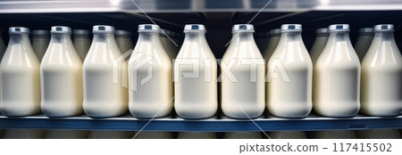 Bottles of milk arranged in a refrigerator shelf. 117415502
