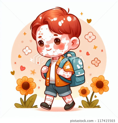 A red-haired schoolboy with vitiligo walking across a flower lawn with a satchel on his back. 117415503