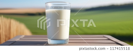 Glass of milk on wooden table in countryside setting. 117415518