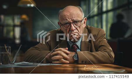 Elderly gentleman with a thoughtful expression sitting at a table, papers scattered in front of him 117415549