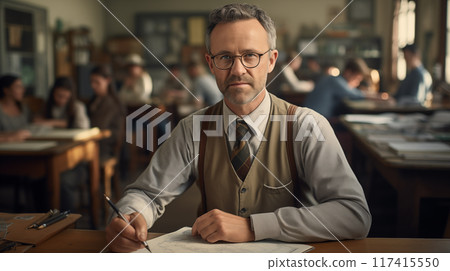 Portrait of a mature man with glasses in a classroom setting. 117415550