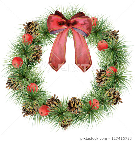 Pine, fir tree, spruce branches, cones, ribbon bow. Watercolor hand drawn illustration, wreath frame isolated on white. Xmas, happy new year festive, noel navidad holiday. Cards, gifts, florist shop. 117415753
