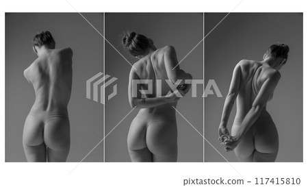 Black-and-white collage. Woman in different poses, highlighting graceful curves and muscle definition of her back and arms. Movement. Black-and-white collage. Woman in different poses, highlighting graceful curves and muscle definition of her back and arms. Movement. 117415810