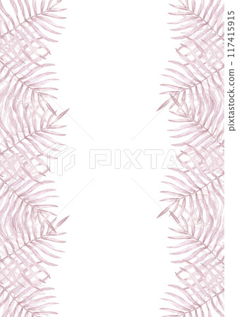 Hand drawn watercolor grey palm tree leaves post card frame border isolated on white background. Can be used for card, invitation, scrapbook and other printed products. 117415915
