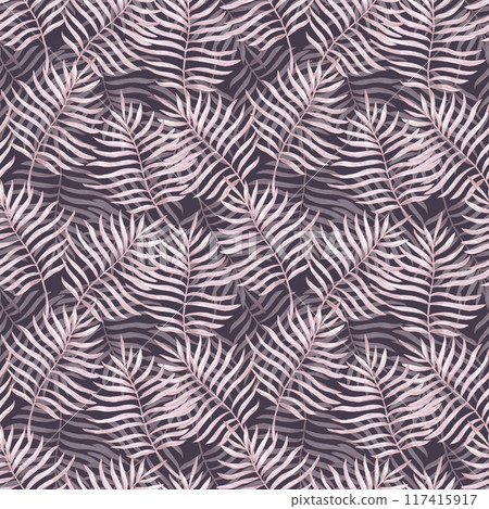 Hand drawn watercolor grey monochrome palm tree leaves seamless pattern isolated on dark background. Can be used for textile, fabric and other printed products. 117415917