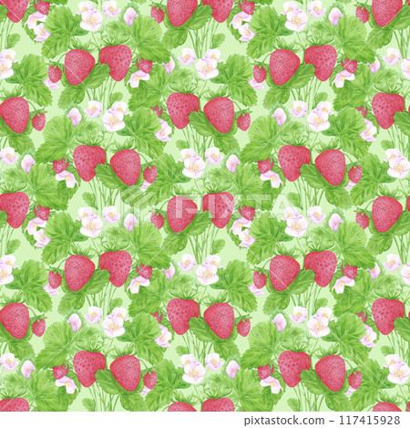 Hand drawn watercolor ripe strawberry bush with green leaves and blossom seamless pattern isolated on green background. Can be used for textile, fabric and other printed products. 117415928