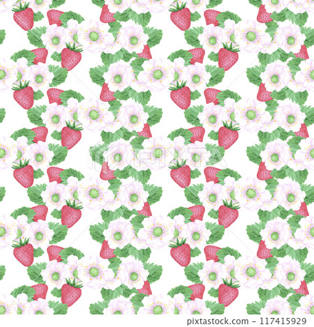 Hand drawn watercolor ripe strawberry with green leaves and blossom seamless pattern isolated on white background. Can be used for textile, fabric and other printed products. 117415929