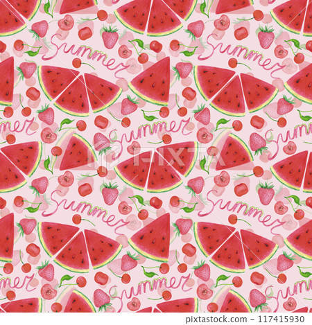 Hand drawn watercolor ripe berries and watermelon with summer text seamless pattern isolated on pink background. Can be used for textile, fabric and other printed products. 117415930