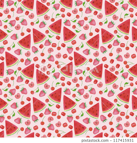 Hand drawn watercolor ripe berries and watermelon seamless pattern isolated on pink background. Can be used for textile, fabric and other printed products. 117415931