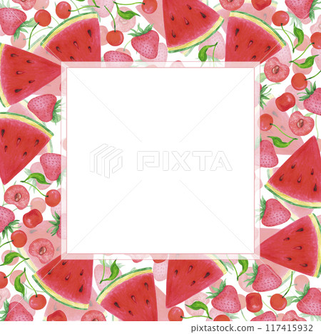 Hand drawn watercolor ripe berries and watermelon frame border isolated on white background. Can be used for postcard, invitation and other printed products. Hand drawn watercolor ripe berries and watermelon frame border isolated on white background. Can be used for postcard, invitation and other printed products. 117415932