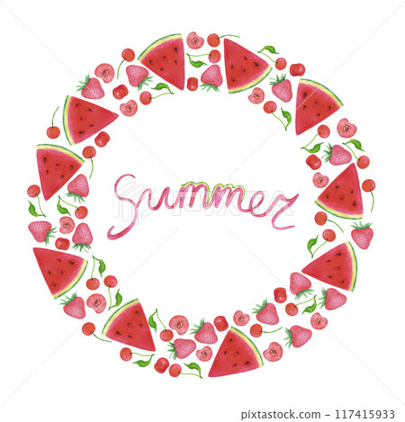 Hand drawn watercolor ripe berries and watermelon wreath frame border isolated on white background. Can be used for postcard, invitation and other printed products. 117415933