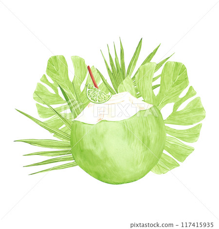 Hand drawn watercolor tropical green coconut cocktail with lime and leaves isolated on white background. Can be used for post card, label, scrapbook and other printed products. Hand drawn watercolor tropical green coconut cocktail with lime and leaves isolated on white background. Can be used for post card, label, scrapbook and other printed products. 117415935
