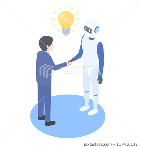 Image of a robot and a man in a suit working together to generate ideas 117416132