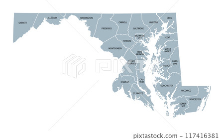Maryland, U.S. state, gray political map with borders and county names. State in the Mid-Atlantic region of the USA, subdivided into 23 counties and the independent City of Baltimore. Old Line State 117416381