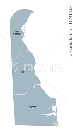 Delaware, U.S. state, gray political map with borders and county names. State in the Mid-Atlantic and Northeastern region of the USA, subdivided into the three counties New Castle, Kent, and Sussex. 117416382