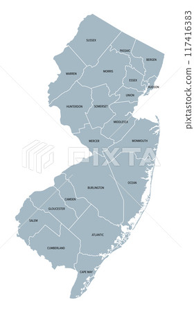 New Jersey, U.S. state, gray political map with borders and county names. State in the Mid-Atlantic and Northeastern region of the United States, subdivided into 21 counties, nicknamed Garden State. 117416383
