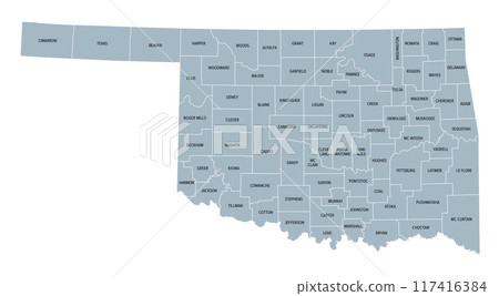 Oklahoma, U.S. state, gray political map with borders and county names. State in the South Central region of USA, subdivided into 77 counties. Native America, Land of the Red Man, and Sooner State. 117416384
