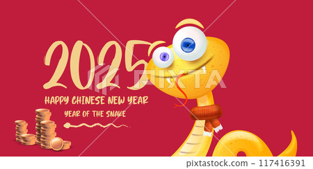 Happy Chinese New Year 2025 illustration vector design with cute and elegant golden snake and golden coins. Cartoon snake with scarf symbol of 2025 lunar year. New year illustration 117416391