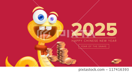 Happy Chinese New Year 2025 illustration vector design with cute and elegant golden snake and golden coins. Cartoon snake with scarf symbol of 2025 lunar year. New year illustration 117416393