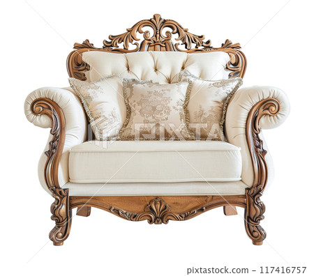 Luxurious classical armchair with ornate wooden carvings, plush upholstery, decorative, gold-trimmed pillows. Lounge chair isolated on white background. Cut out furniture. Front view. Generative AI. 117416757