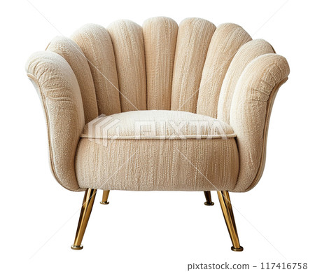 Cozy beige armchair in Scandinavian style with metal legs, perfect for modern living space. Lounge chair isolated on white background. Cut out furniture. Front view. Generative AI. 117416758