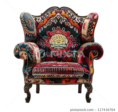 Exquisite armchair upholstered in a vibrant, patterned fabric. Bohemian, boho style. Lounge chair isolated on white background. Cut out furniture. Front view. Generative AI. 117416764