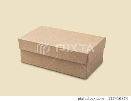 Craft box on a yellow background. The concept of ecological packaging and zero waste. Mock up Craft box on a yellow background. The concept of ecological packaging and zero waste. Mock up 117416874