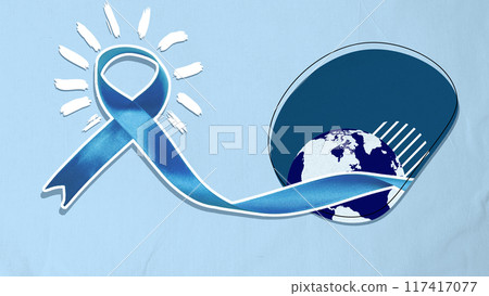 A blue ribbon is wrapped around a globe, symbolizing the importance of awareness 117417077