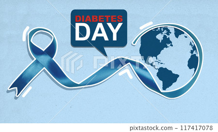 A blue ribbon is wrapped around a globe, symbolizing the importance of awareness 117417078