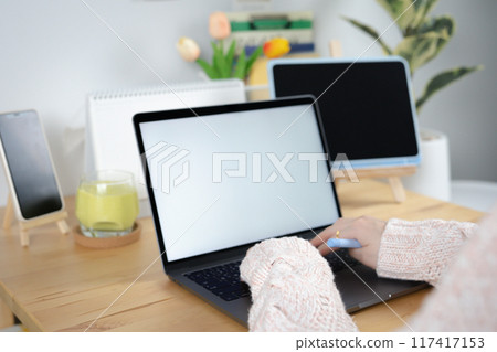 asian woman use laptop and internet for conference online and work from home asian woman use laptop and internet for conference online and work from home 117417153