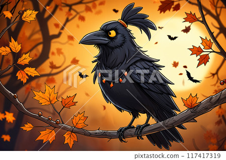 Black crow with a red necklace perched on a branch. 117417319