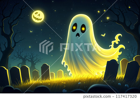 Cartoon ghost with a sad face stands in front of a graveyard at night. 117417320