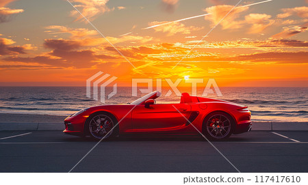 Sunset sea and red sports car 01 117417610