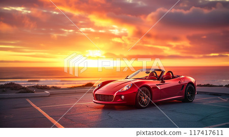 Sunset sea and red sports car 02 117417611
