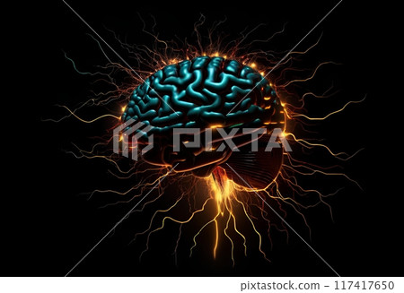 Cyber brain with glowing sparks floating on a black background 117417650