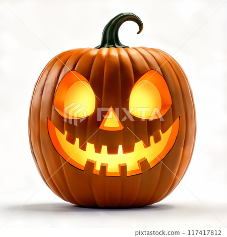 Orange pumpkin with carved face. 117417812