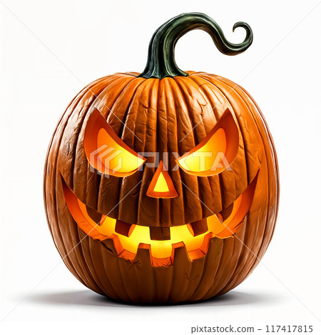 Orange pumpkin with carved face and stem. 117417815