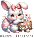 Cute bunny with wooden sign reads Happy Easter 117417873