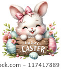 Cute bunny with wooden sign reads Happy Easter 117417889