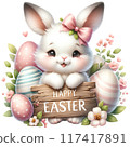 Cute bunny with wooden sign reads Happy Easter 117417891