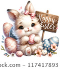 Cute bunny with wooden sign reads Happy Easter 117417893