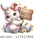 Cute bunny with wooden sign reads Happy Easter 117417894