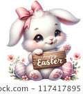 Cute bunny with wooden sign reads Happy Easter 117417895