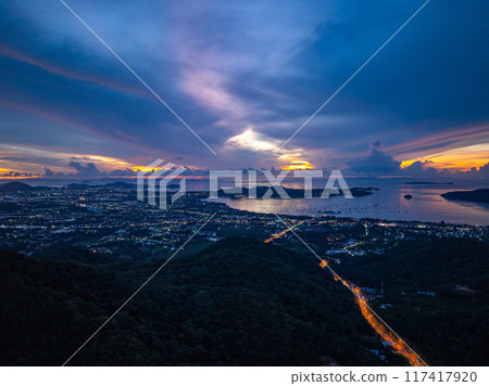 aerial panorama view Twinkling lights at twilight 117417920