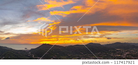 Aerial view of Phuket's Big Buddha during a dramatic sunset 117417921