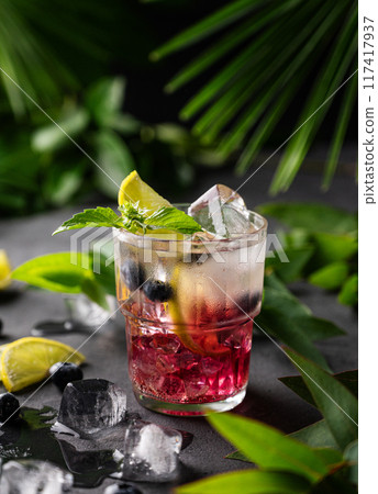 Blueberry mojito or lemonade with lime, ice and mint in a glass on a dark background 117417937